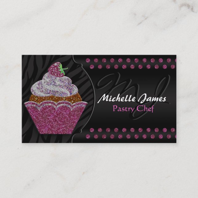 Modern Sparkling Cupcake Monogram Pastry Chef Business Card (Front)