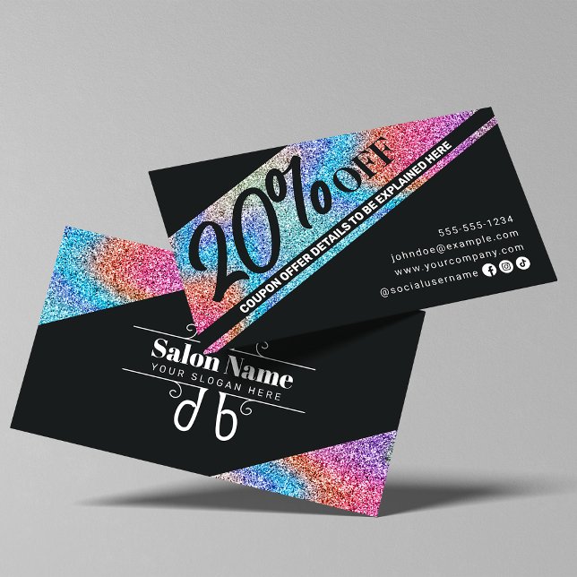 Modern Sparkling Glitter & Black Hair Salon Discount Card (Creator Uploaded)