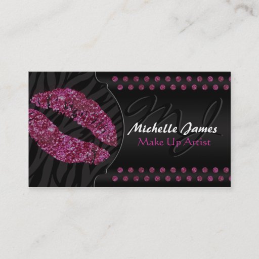 Customizable Modern Sparkling Zebra Monogram Make Up Artist Business Cards