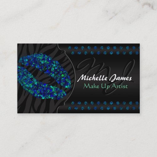 Modern Sparkling Zebra Monogram Make Up Artist Business Cards