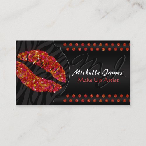 Modern Sparkling Zebra Monogram Make Up Artist Business Card Template