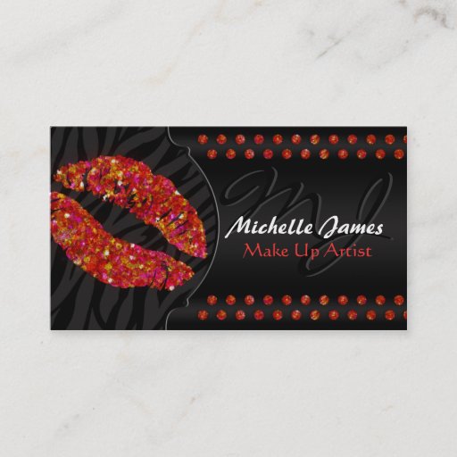 Customizable Modern Sparkling Zebra Monogram Make Up Artist Business Card Template