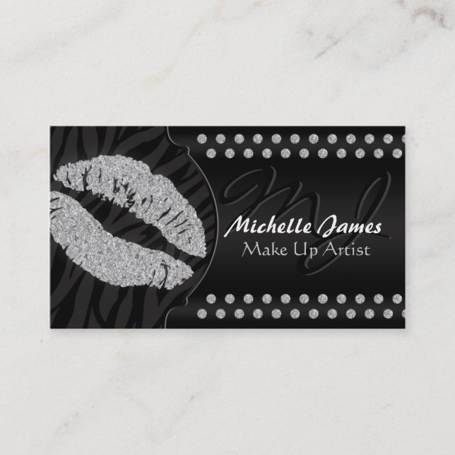 Modern Sparkling Zebra Monogram Make Up Artist Business Card (Front)