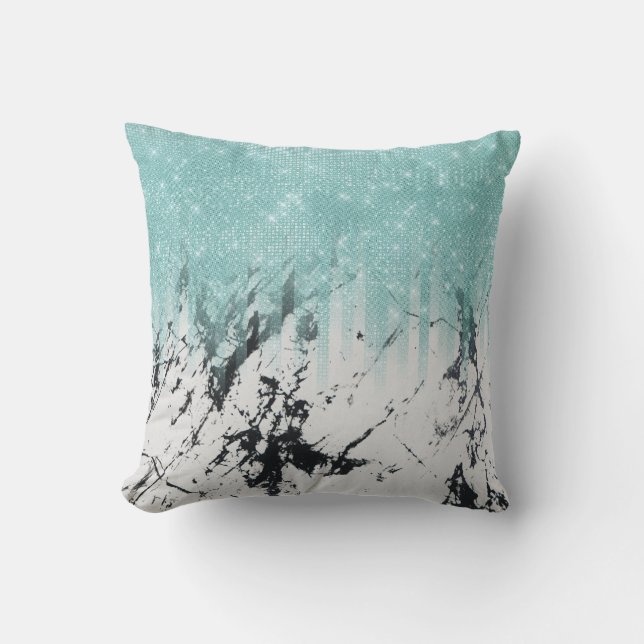 Modern Sparkly Aqua White Marble Glitter Gradient Outdoor Pillow (Front)