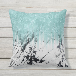 Modern Sparkly Aqua White Marble Glitter Gradient Outdoor Pillow