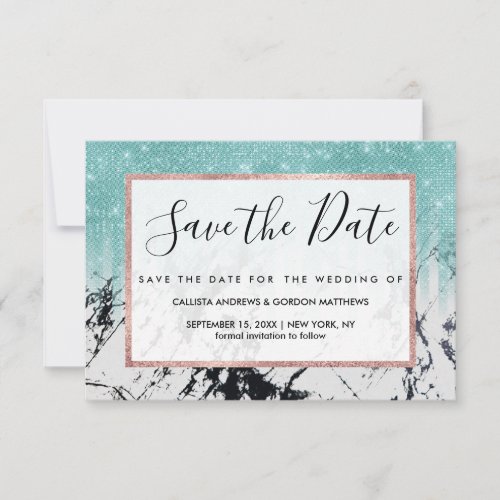 Modern Sparkly Aqua White Marble Glitter Gradient Save The Date
