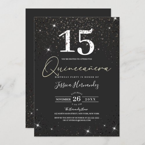 Modern Sparkly Black Glitter Confetti Quinceaera Invitation