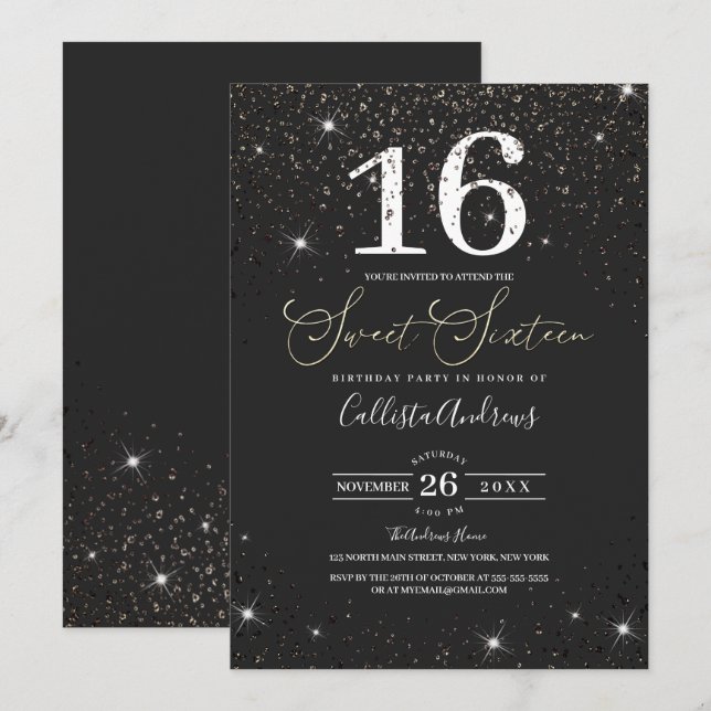 Modern Sparkly Black Glitter Confetti Sweet 16 Invitation (Front/Back)