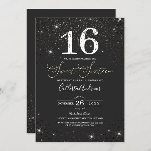 Modern Sparkly Black Glitter Confetti Sweet 16 Invitation