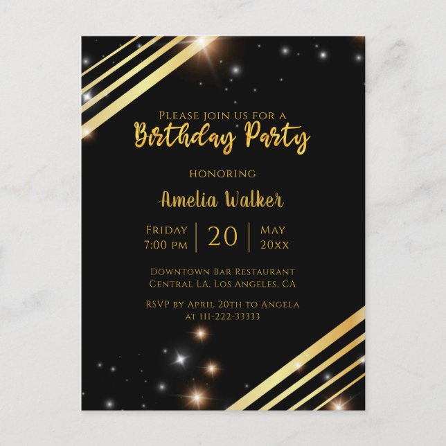 Modern Sparkly Gold And Black Birthday Party Postcard (Front)