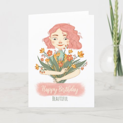 Modern Special Birthday Girl With Flowers Card