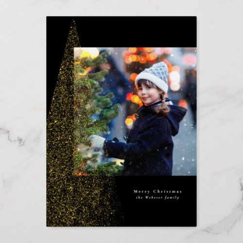 Modern speckle Christmas tree black one photo  Foil Holiday Card
