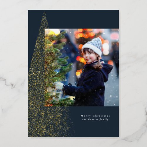 Modern speckle Christmas tree navy one photo Foil Holiday Card