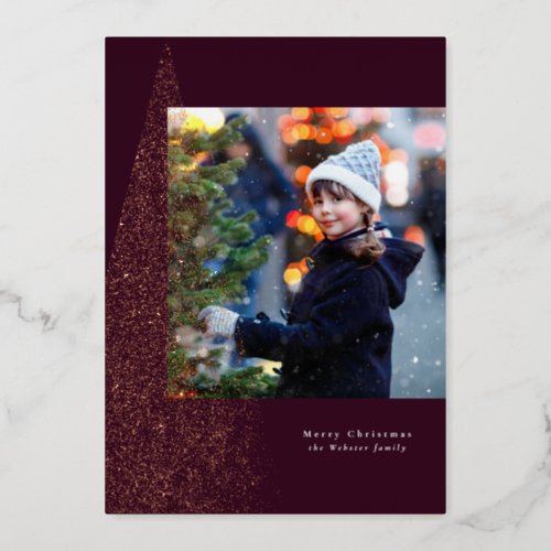 Modern speckle Christmas tree plum unique photo Foil Holiday Card