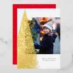 Modern speckle Christmas tree unique one photo Foil Holiday Card<br><div class="desc">With a modern Christmas tree of foil flurries in gold on a white background, this unique one-photo card is the perfect way to send holiday greetings. The message is customizable, as is the background color. A great personalized holiday card for families, couples or anyone with sophisticated taste. The coordinating backer...</div>