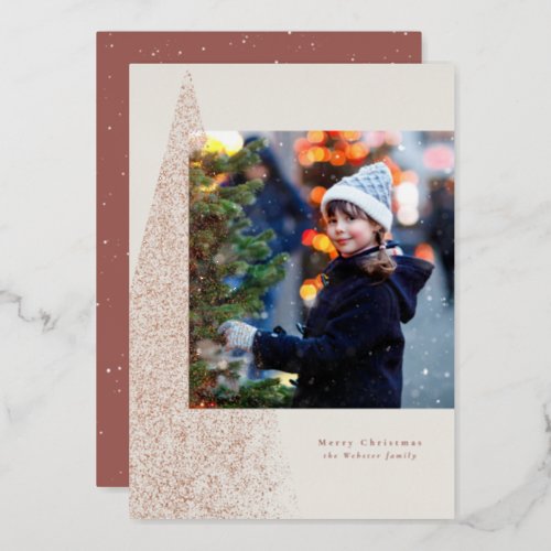Modern speckle rose gold Christmas tree one photo Foil Holiday Card