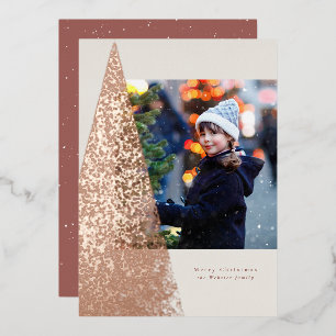 Modern speckle rose gold Christmas tree one photo Foil Holiday Card