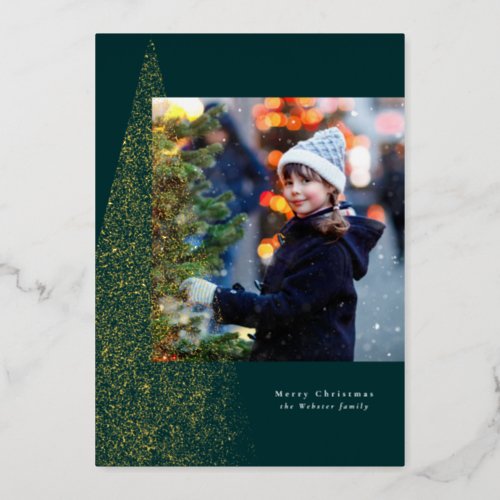 Modern speckle tree green one photo unique foil holiday card