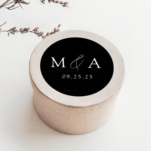 Modern Speckled Black and White Monogram Wedding Classic Round Sticker