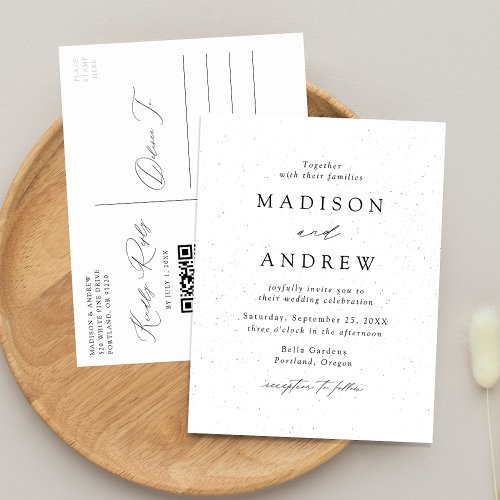 Modern Speckled Black and White QR Code Wedding Invitation Postcard