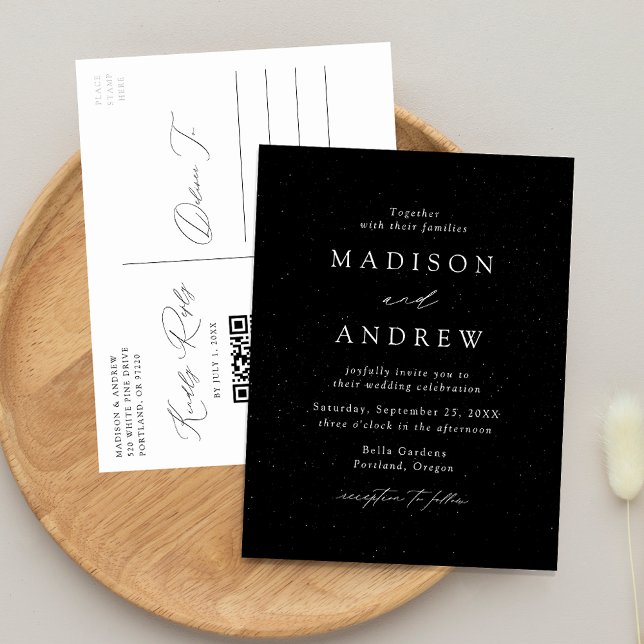 Modern Speckled Black and White QR Code Wedding Invitation Postcard (Creator Uploaded)