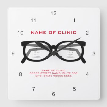 Modern Spectacles And Eye Chart For Eye Clinic Square Wall Clock by GirlyBusinessCards at Zazzle
