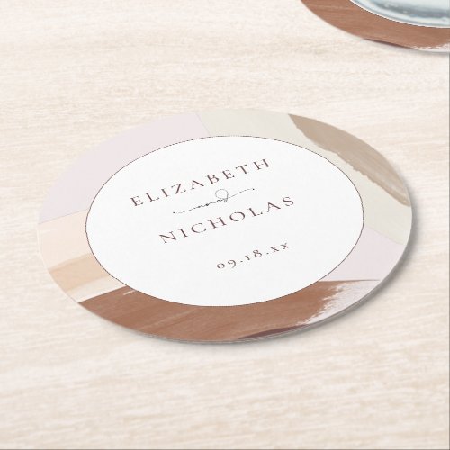 Modern Spiced Terracotta  Monogram Wedding  Round Paper Coaster