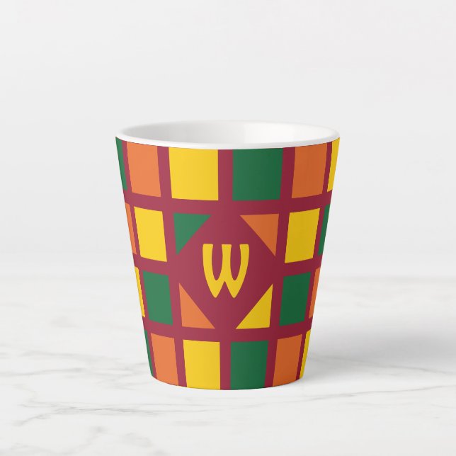 Modern Spicy Colors Geometric Squares Monogram Latte Mug (Front)