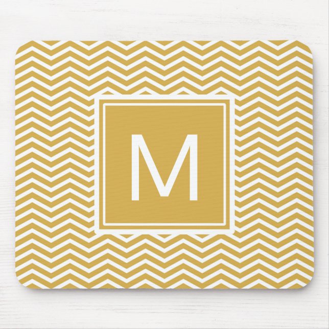 Modern Spicy Mustard Yellow Chevrons and Monogram Mouse Pad (Front)