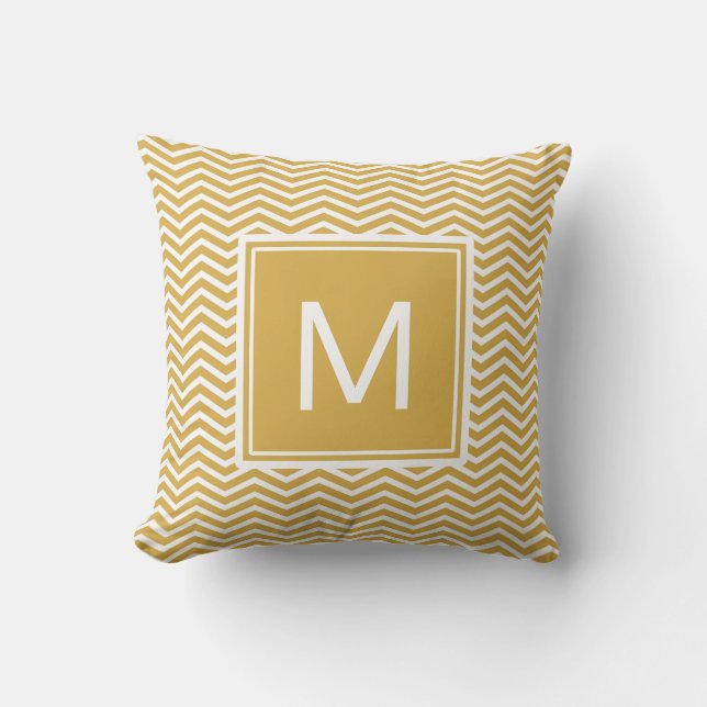 Modern Spicy Mustard Yellow Chevrons and Monogram Throw Pillow (Front)