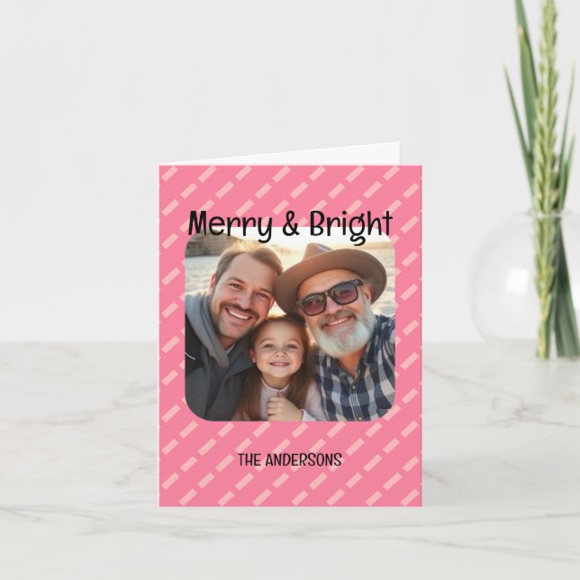 Modern Spicy Pink Geometric One Photo Holiday Card (Front)