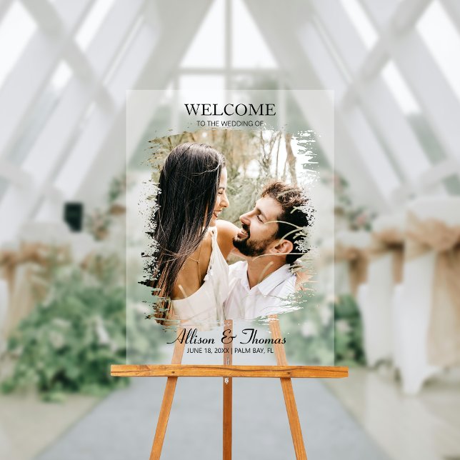 Modern Splatter Wedding Photo Welcome White Acrylic Sign (Make a dazzling entrance and warmly greet guests with our captivating photo acrylic wedding sign!)