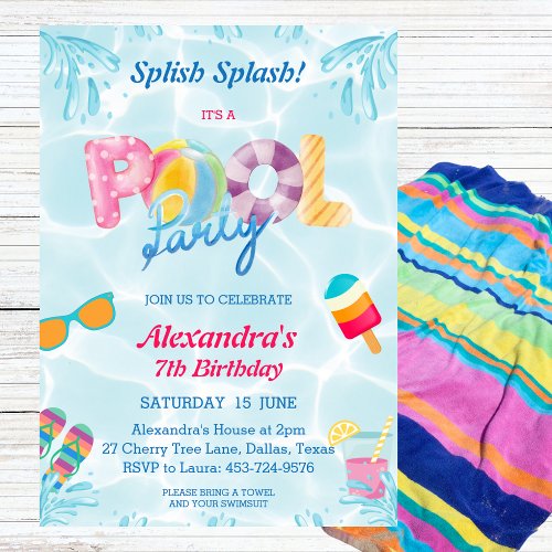 Modern Splish Splash Cool Girls Pool Party Invitation
