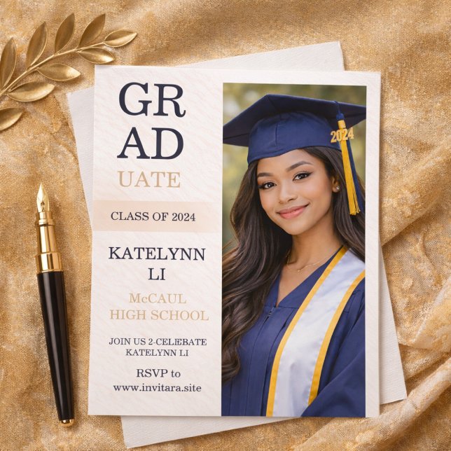 Modern Split Layout Invitation (Modern split layout graduation announcement with bold stacked headline and portrait panel)