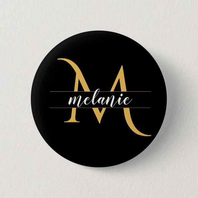 Modern Split Monogram Gold Black Custom Name Button (Front)