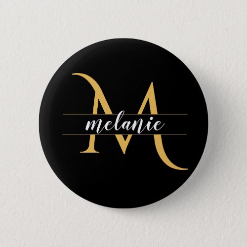 Modern Split Monogram Gold Black Custom Name Button