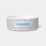 Modern Splotchy Pattern | Personalized | Blue<br><div class="desc">This stylish pet feeding dish features a hand drawn pattern of little splotches in black over a white background. Text template included for personalization!</div>