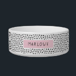 Modern Splotchy Pattern | Personalized | Pink Bowl<br><div class="desc">This stylish pet feeding dish features a hand drawn pattern of little splotches in black over a white background. Text template included for personalization!</div>