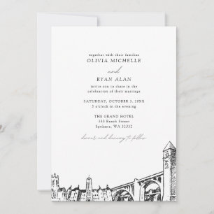 Modern Spokane Skyline Black & White Wedding Invitation