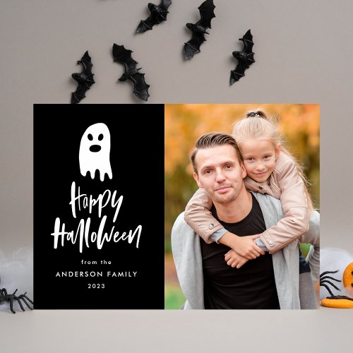 Modern Spooky Ghost Script Halloween Photo Holiday Card