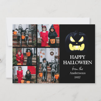 Modern Spooky Pumpkin Script Halloween 5 Photo Holiday Card