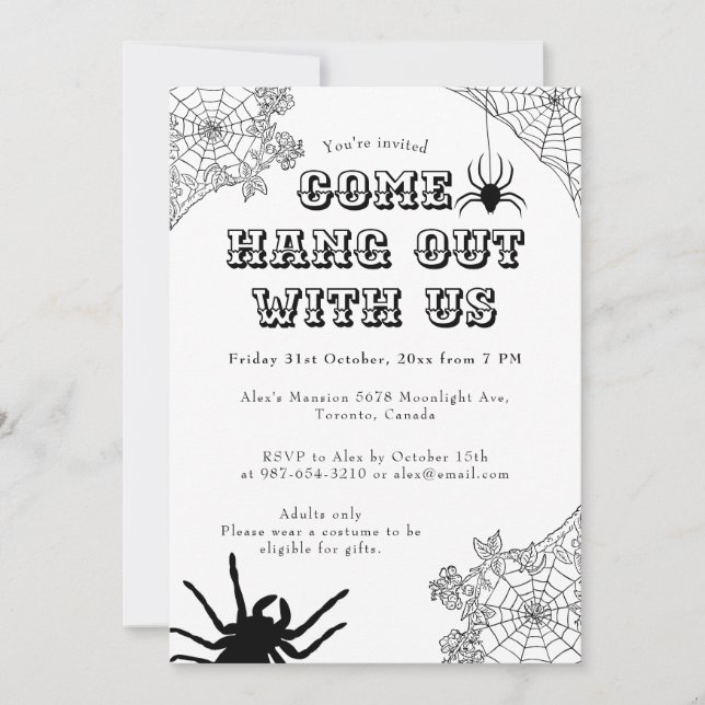 Modern Spooky Spider web Black & White Halloween  Invitation (Front)