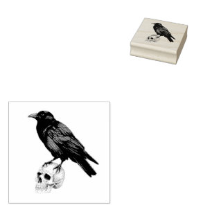 Modern Spooky vintage Crow on skull Rubber Stamp