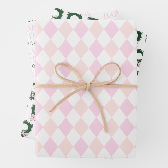 Modern Sports Girls Pink Golf Happy Birthday Wrapping Paper Sheets (In situ)