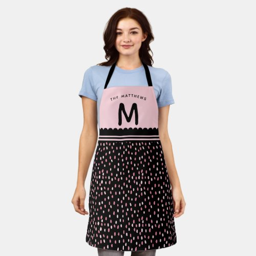 Modern Spots Custom Name  Monogram Pink  Black Apron