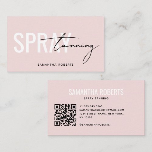 Modern spray tan QR Code blush pink Business Card