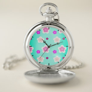 Modern Spring aqua gradient purple flora pattern Pocket Watch