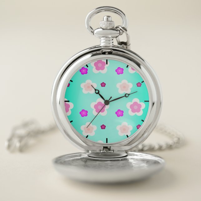 Modern Spring aqua gradient purple flora pattern Pocket Watch (Inside)