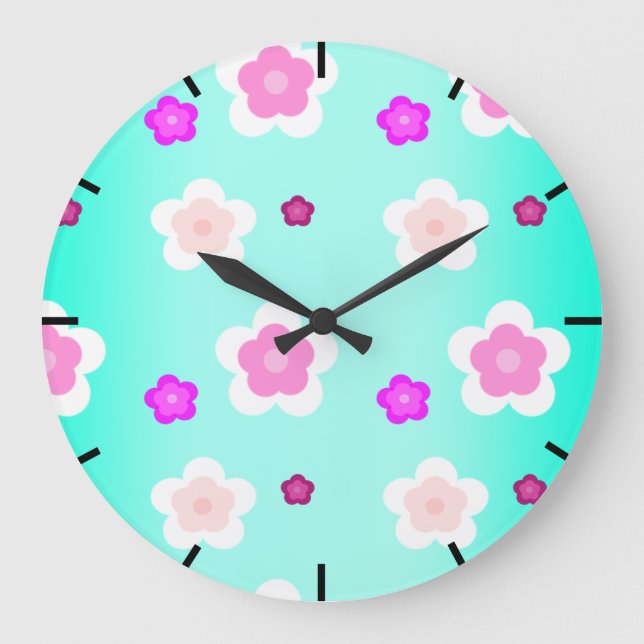 Modern Spring aqua gradient purple floral pattern  Large Clock (Front)