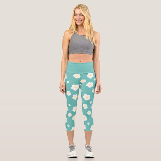 Modern Spring  aqua  gradient yellow flora pattern Capri Leggings (Front)